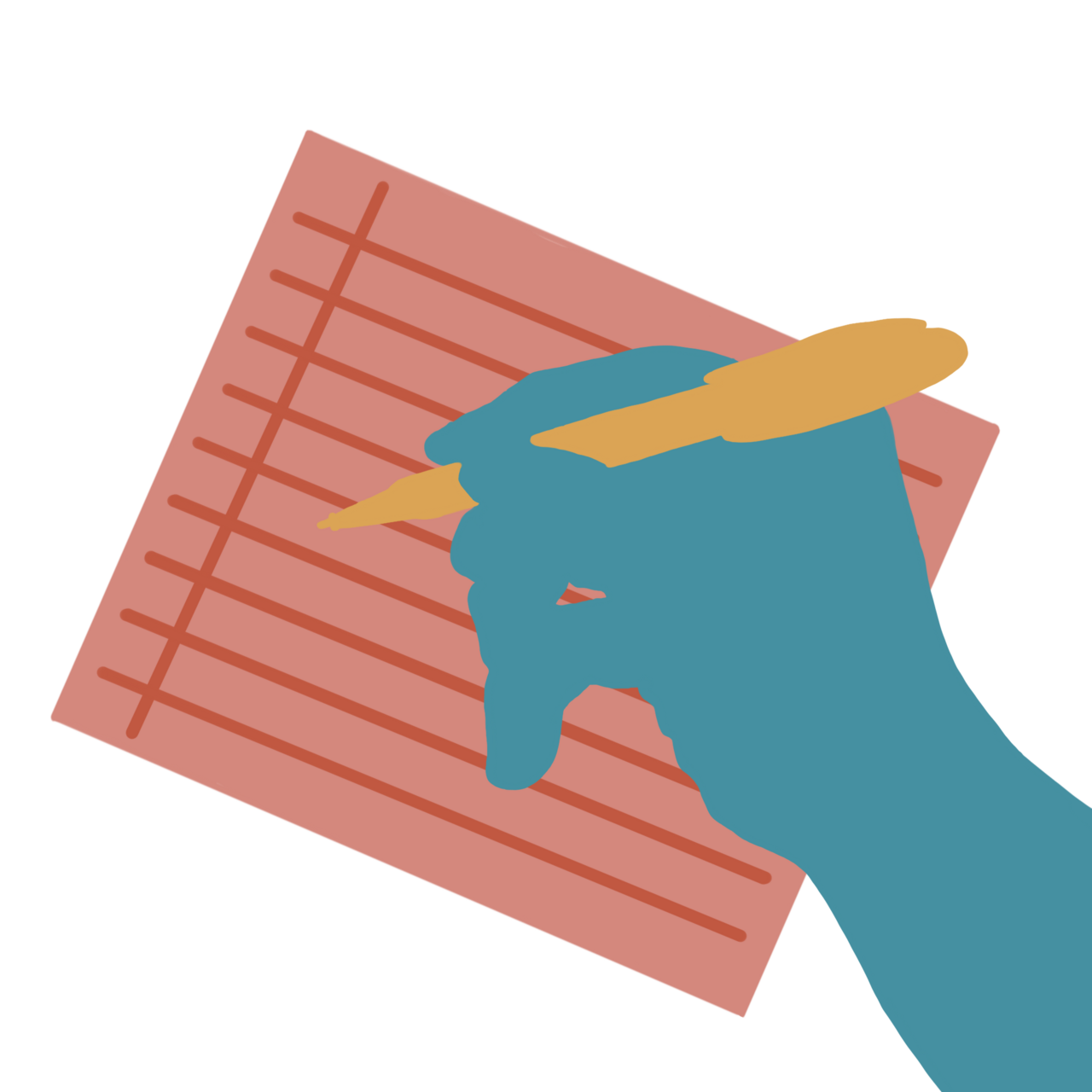 An illustration of a hand holding a pen, writing on lines paper