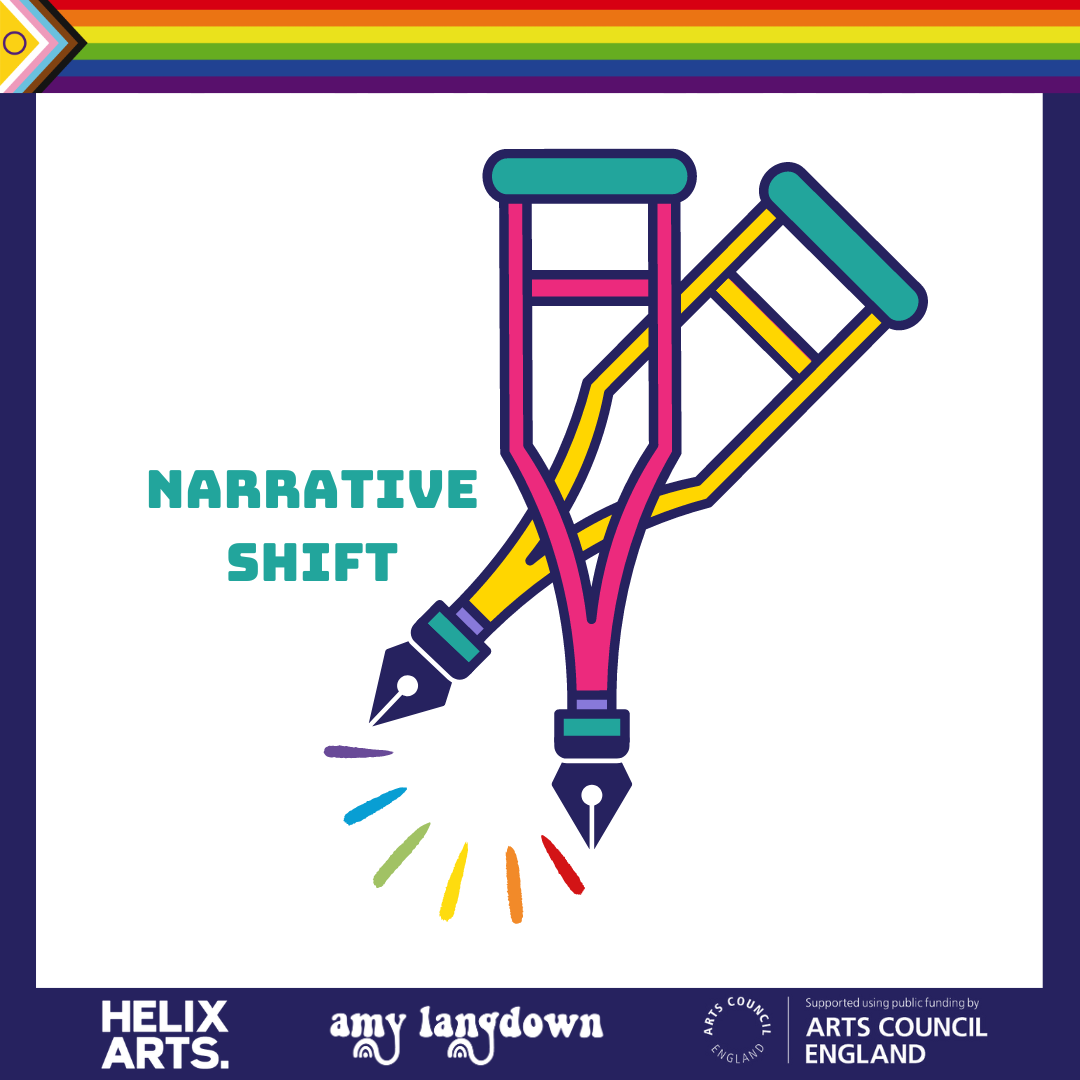 Narrative Shift logo, showing two walking stocks crossed on top of each other with pen nibs on the end of them in bright colours, and rainbow ink flowing between them