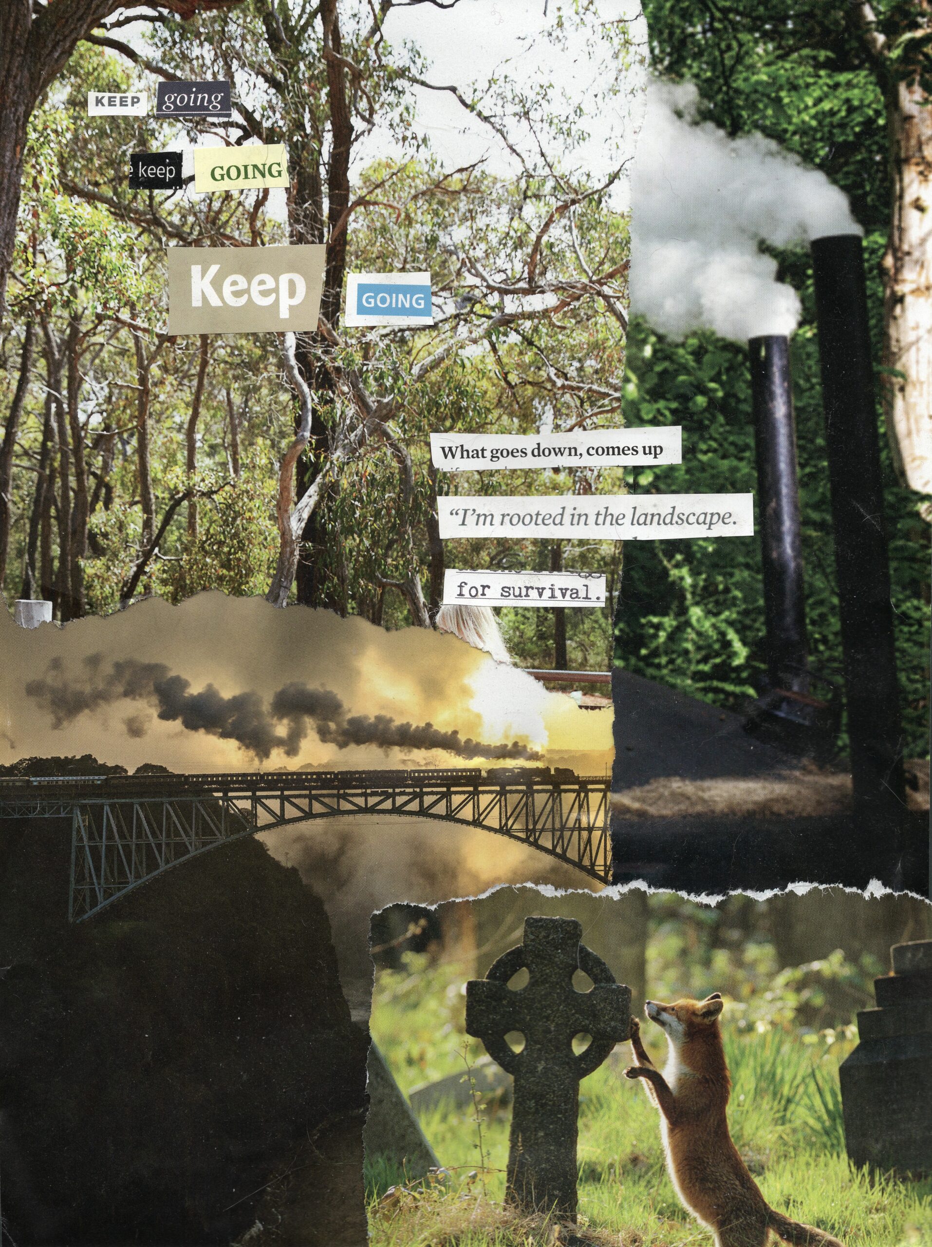 EPSON MFP image A collage which merges nature and industrialism - dense trees and a fox are overlaid with a steamtrain on a bridge and pipes spewing smoke; with the words 'keep going, keep going, keep going, what goes down, comes up, I'm rooted in the landscape for survival".