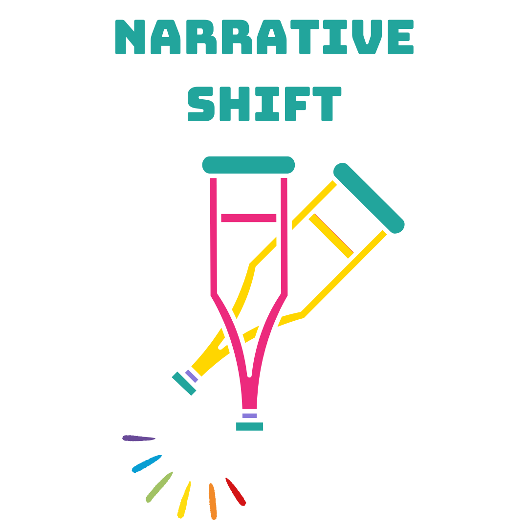 Narrative Shift logo Narrative Shift logo, showing two walking sticks with pen nibs attached to the ends, writing in rainbow ink
